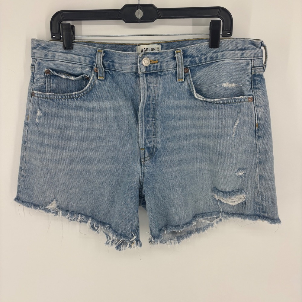 Agolde Parker Long Denim Shorts Swapmeet Light Blue Wash Women Size 31 Raw Hem - Picture 3 of 15